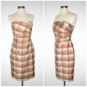 KAY UNGER 1990s Strapless Cocktail Dress Pink Tan Cream Check Dupioni Silk Sz 4